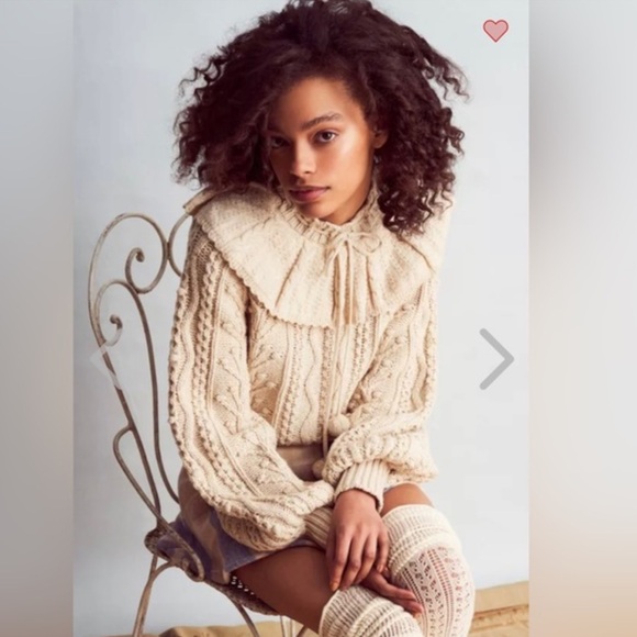 $465 LoveShackFancy Avenue Pullover Sweater Cable Knit Pom Pom Sand Castle S - Picture 2 of 7